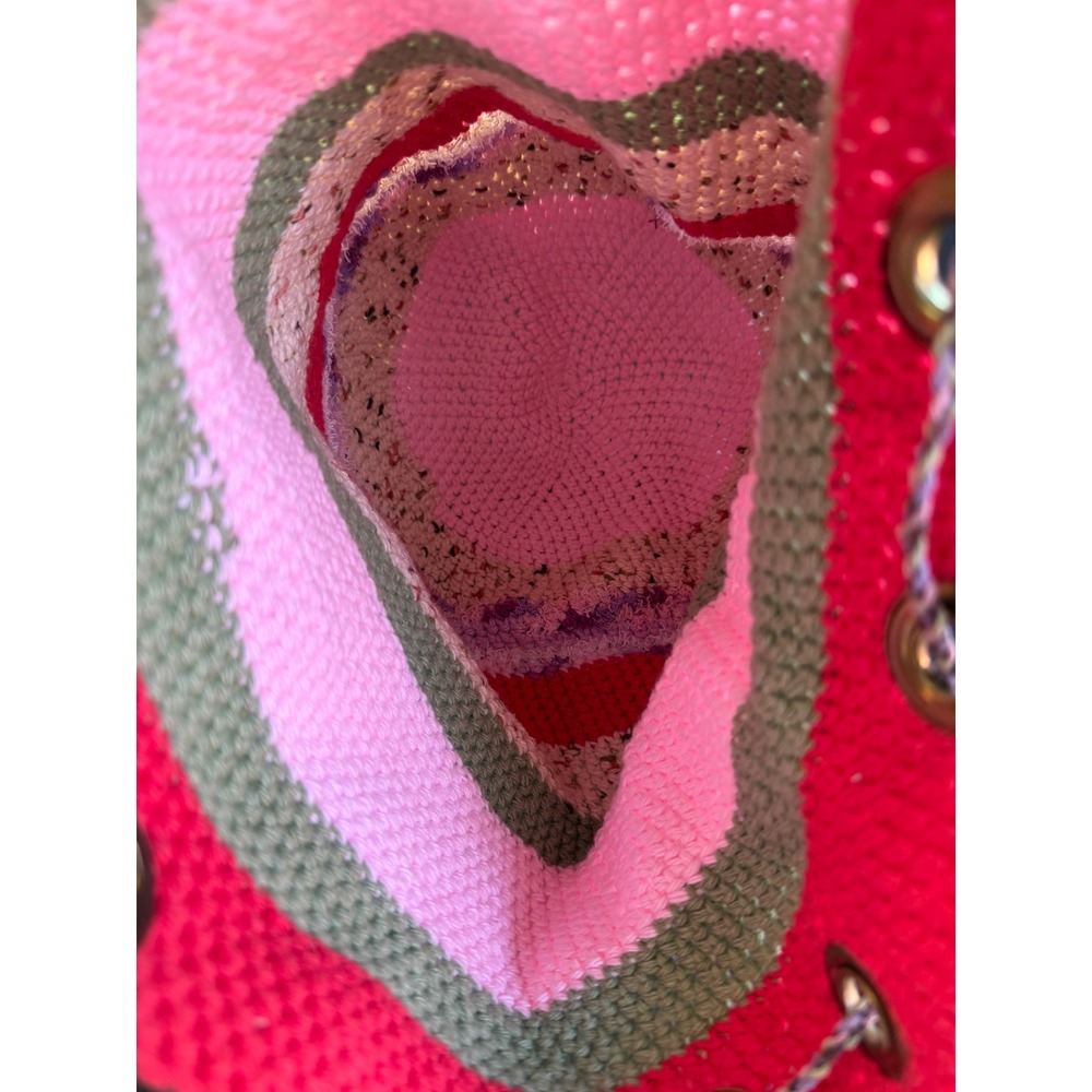 Handcrafted Crochet Bucket Bag Pink Green Striped Boho Drawstring Purse Whimsy - Picture 10 of 12